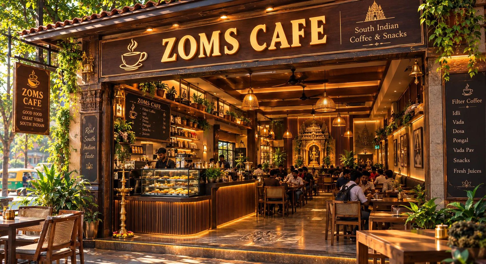 Sunlit Zoms Cafe street scene in Mysuru with chai, coffee and snacks